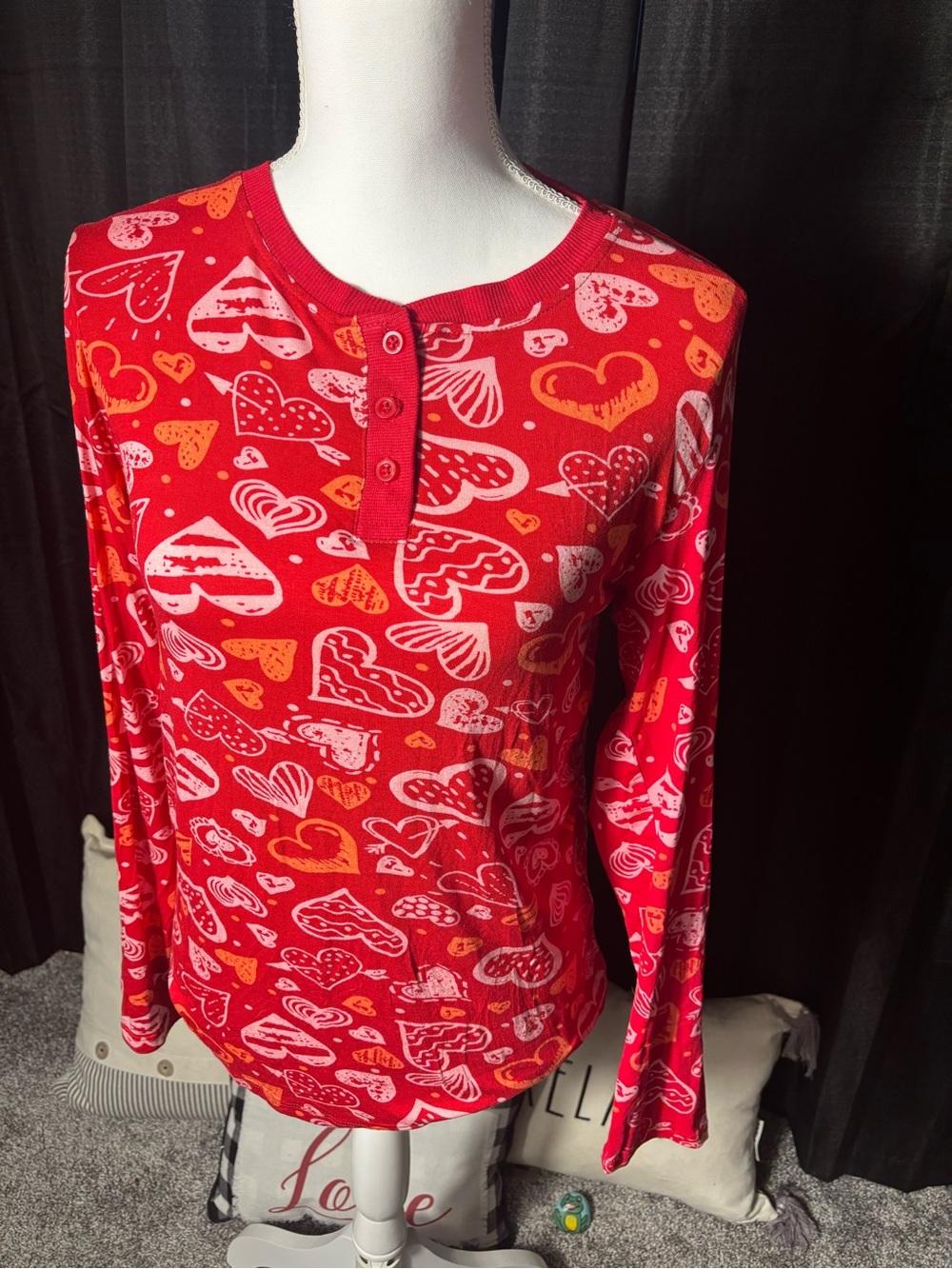 Serra Red Heart-Print Long Sleeve Henley - Size Small